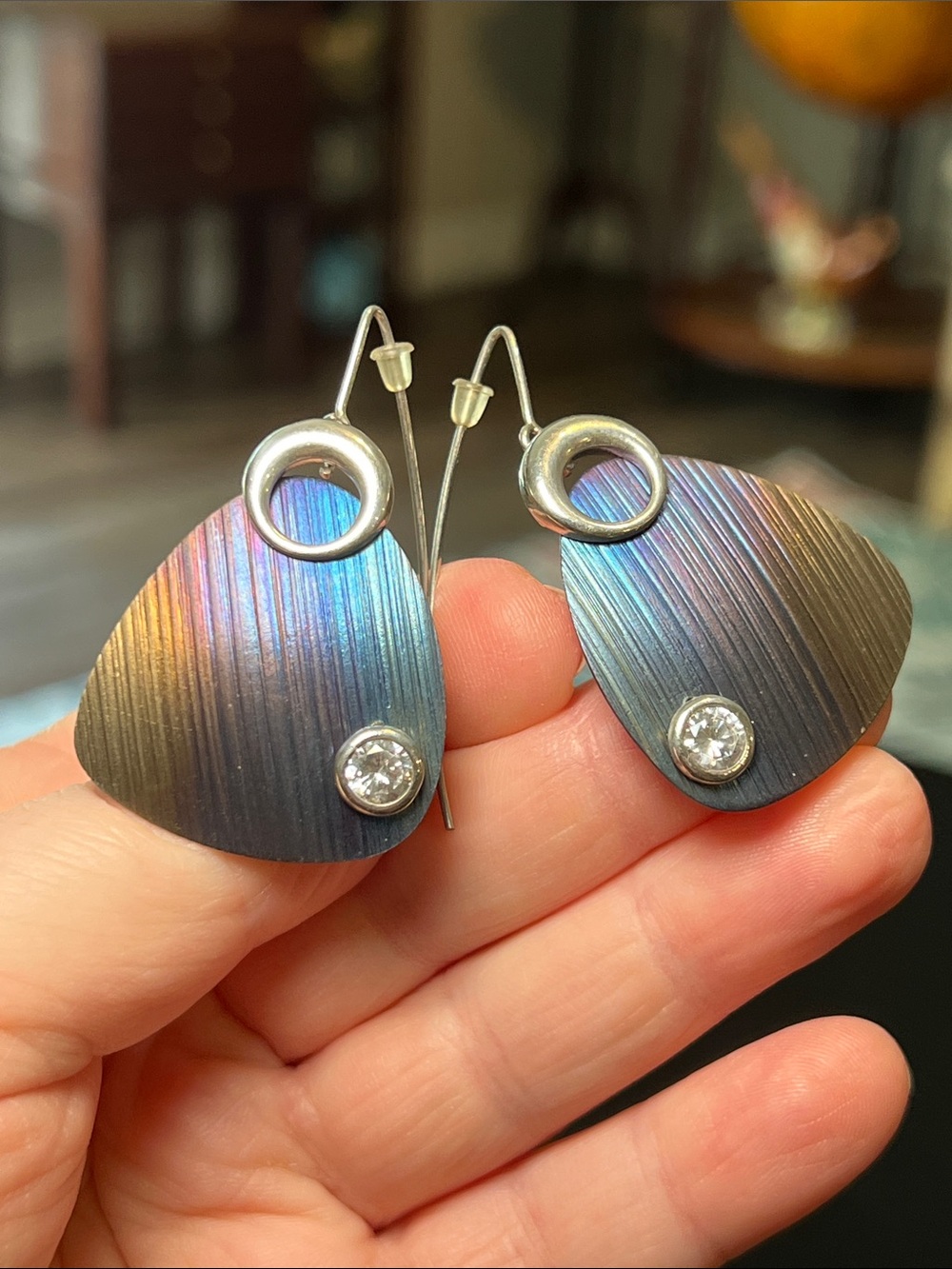Vintage Iridescent Blue-Purple Niobium Metal Drop Earrings Crystal Gem Accents